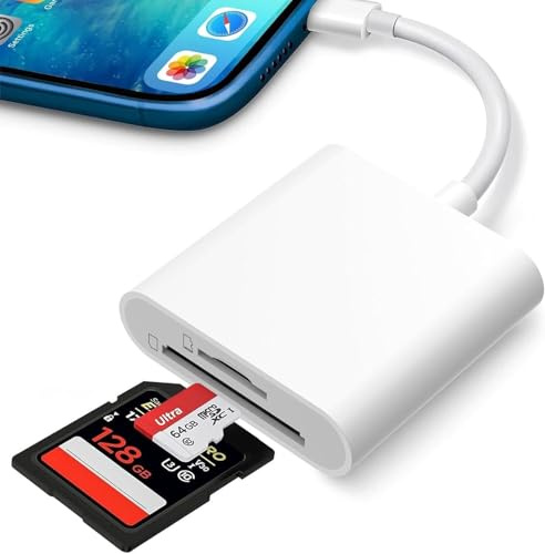 Lecteur de Carte SD pour iPhone/iPad, Adaptateur Light-ning vers Carte SD, Adaptateur Carte de Caméra SD, Lecteur SD Compatible avec i-Phone 14 13 12 11 X XS XR 8 7, i-Pad Mini Air Pro, Plug and Play