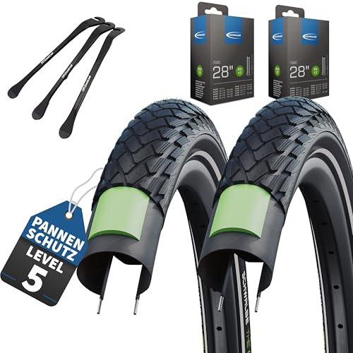 2er Set Schwalbe Fahradreifen Green Marathon 28x1,40 Zoll (37-622) + AV DV SV Schlauch und 3 Metall MSZweirad Reifenheber E Bike (AV-Ventil Schläuche, 28x1,40 Zoll (37-622))