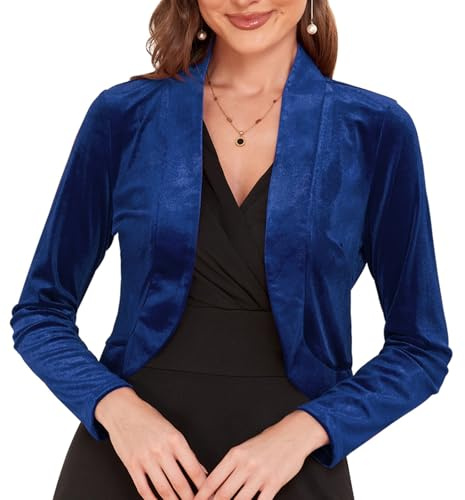 Women's Long Sleeve Velvet Shrug for Dresses Cocktail Party Open Front Cropped Bolero Cardigan Top