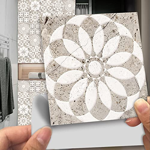 Dunxiles Fliesenaufkleber Beige/Weiß Mandala zum Aufkleben PVC Selbstklebende Wandfliesen Küchentapete DIY Abziehen und Aufkleben Bodenfliesen 10 Pcs (30 x 30 cm)