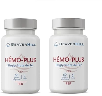 Pack 2 piluliers Hémo-Plus Fer bisglycinate 14 mg | avec Vitamines B6, B9, B12, spiruline | 120 gélules végétales | BEAVERHILL | Vegan | Carence en fer - Homocystéine - Fatigue | Fabriqué en France
