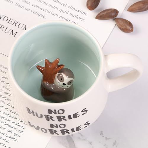 Dvagoent Kaffeetassen 400ml 3d Tasse, Süße Tassen Keramik Tasse mit Figur Innen, Geeignet für Heim und Büro (Faultier)