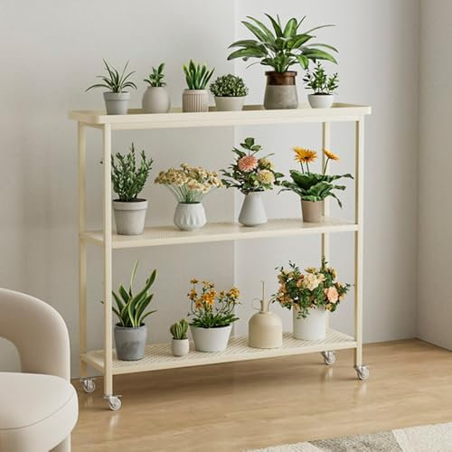 Support de plantes en métal avec roulettes 3 niveaux robuste pour pot de fleurs pour intérieur et extérieur, grande capacité, beige, 100 cm de hauteur.