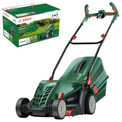 Bosch cortacésped con cable UniversalRotak 34405 (1300 W de potencia del motor, ancho de corte: 34 cm, cesta colectora de 40 litros, adecuado para cortar el césped de forma homogénea y cortar bordes)