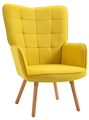 HOMCOM Sessel Ohrensessel mit Armlehne, Holzrahmen Gepolstert Loungesessel mit Samtoptik, Relaxsessel für Wohnzimmer, Schlafzimmer, Gelb