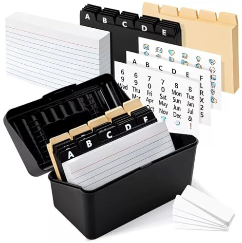 1 set receptlåda med kort och avdelare, låda, klistermärken och etiketter indexkorthållare, indexkorthållare, enkel att använda indexkort för hemrecept, flashcards adress, kontorsmaterial.