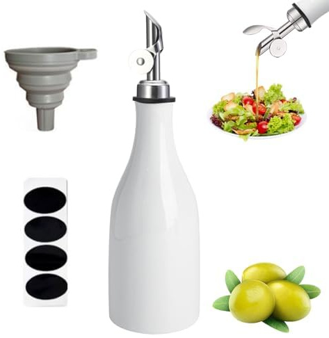 Ceramic Olive Oil Dispenser Bottle, 300ml Olive Oil Bottle with Funnel, Tarnish Resistant Lid and Label, Opaque Oil Cruet To Reduce Oxidation for Oil, Vinegar, Soy Sauce And Other Liquids (white)