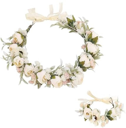 Fleur Bandeau Guirlande, Couronne Cheveux, Coiffe et Ensemble de Bracelet, Fleur Bandeau Magnifiquement Travaillée (B, 16cm)