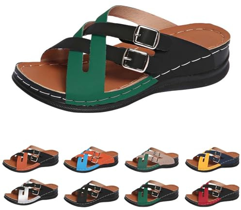 Generisch Sandali aperti da donna, con zeppa, stile vintage, estivo, per il tempo libero, leggeri, per la casa, con fibbia regolabile, verde, 43 EU