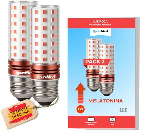 Puremind PACK 2 Luz Roja Nocturna Melatonina E27 para dormir bebe y adultos bombilla roja terapia para dormir tecnologia Flicker Free + 0% Luz Azul + rosca estandar + mejora del ritmo de descanso