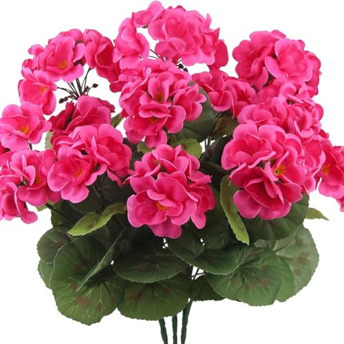Künstliche Geranien, Sträucher, künstliche Geranien, lange Seidenblumenstiele, realistische Blumensträuße, Tischdekoration, Blumen mit grünen Blättern, Hot Pink, 3 Sträuße