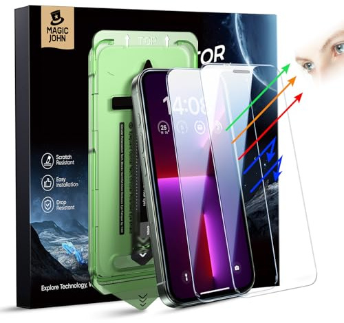 MAGIC JOHN 2 Stück für iPhone 12 Pro Max (6,7 Zoll) Displayschutz Augenschutz Anti-Blaulicht, HD Klar, Auto Dust-Elimination, 9H-Gehärtetes Glas & Kratzfest, Vollständige Kantenabdeckung