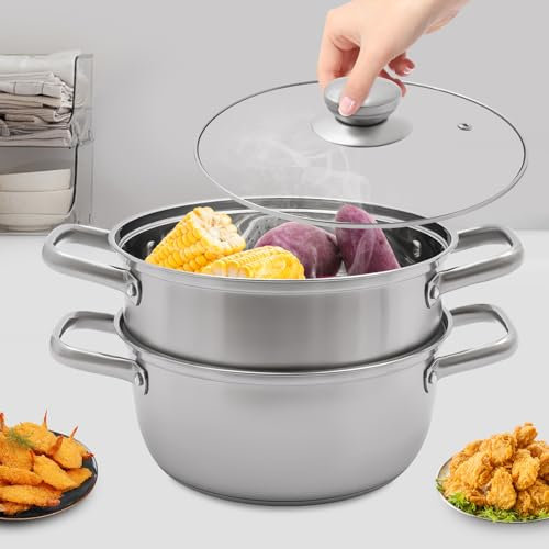 Olla de vapor de 2 niveles de acero inoxidable para cocinar al vapor pan, albóndigas, verduras, plata, diámetro de la olla inferior: 16 cm, número de niveles: 2