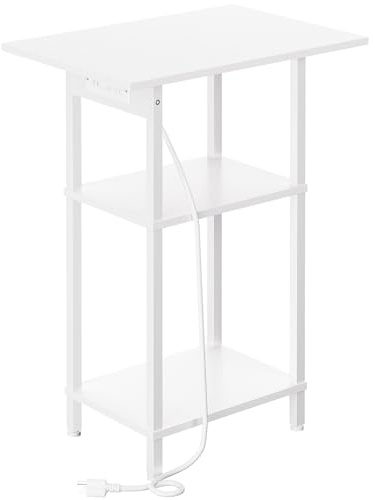 Asgolion Tall Side Table with Charging Station, Skinny End Table Nightstand with USB Ports and Outlets, 3 Tier Narrow Side Table with Storage for Bedroom, Living Room, Office, Nursery, White
