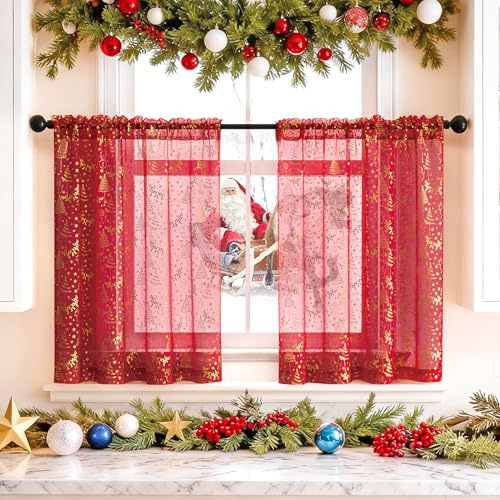 Songella Weihnachtsgardinen Transparent Weihnachtsvorhänge 2er Set mit Goldernem Muster Ösenvorhang für Schlafzimmer Wohnzimmer Rot 63.5 * 78 cm