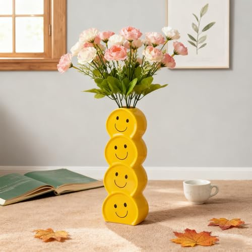 Fhlprte Niedliche Smile Face Vase,gelbe-Keramikvase,2.55 * 1.77 * 7.28 in,dekorative Keramikvase,modern Strange Shape vases,für Blumen und Pflanzen,für Wohnzimmer, Esstisch, Büro, Bücherregal