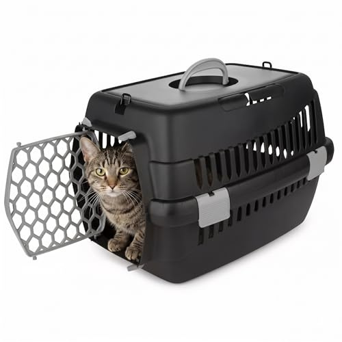 Happet Katzentransportbox Teddy S Grau 50x33x33 cm – Stilvolle Katzen Transportbox aus Kunststoff mit Belüftung & sicherer Tür, komfortable Tiertransportbox für Katzen, kleine Hunde & Kleintiere