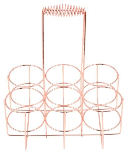 IMIKEYA Supporto portatile per bottiglie di birra e vino, cesto di ferro con maniglia, piccolo scaffale a 6 bottiglie, colore oro rosa, adatto per riporre e trasportare in casa e bar