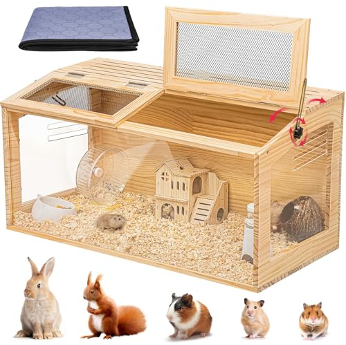 Hamster Cage 32 Wooden Chewproof, 270° Panoramic View Large Habitat with Bite-Proof Mesh, Top Dual Access Doors & Acrylic Panels, for Syrian/Dwarf Hamsters, Guinea Pigs, Chinchillas & Gerbils