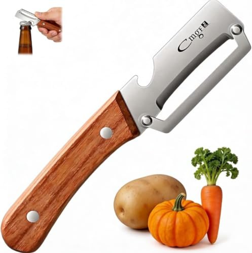 Pelador Multifuncional, Cuchillo Pelador con Hoja de Acero Inoxidable y Mango de Madera Ergonómico, Herramienta 2 en 1 Pelador Cortador con Abridor de Botellas, y Todo Tipo de Verduras y Frutas.