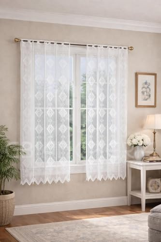 Tenda Pizzo Bianca Alexia con Asole Passabastone, Tendina Ricamata Trasparente Elegante per Cucina Soggiorno Camera da Letto, Bordo Smerlato, Coppia o Pannello, Varie Misure (60x150 cm - 2 Pannelli)