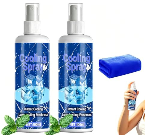 Set da 2 Spray Refrigerante Corpo da 100ml con Asciugamano Rinfrescante, Ghiaccio Istantaneo e Spray Rinfrescante Estivo al Mentolo per Vestiti, Auto, Spiaggia, Piscina, Sport e Commute Viaggi