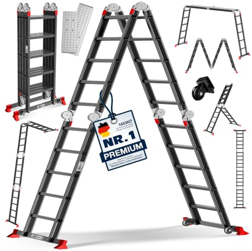 MASKO® Leiter Aluminium 4x5 Stufen, Mehrzweckleiter | - 580 cm | | 150 Kg belastbar, 6in1 multifunktional mit Verriegelung, Gelenkleiter, Anlegeleiter, beidseitige Steh- und Treppenleiter