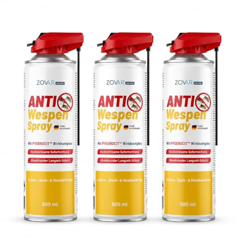 ZOVAR ANTI WESPEN Spray mit Sprührohr 3x500 ml, Sofortwirkung gegen Wespen | & Wespennest, hochwirksamer Langzeitschutz durch PYGEROCIT Wirkkomplex, Wespenabwehr Balkon, Terrasse & Garten, GRATIS eBook