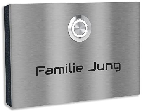 Jung Edelstahl Design Edelstahl Türklingel London 1 Klingelschild mit Gravur. Klingelplatte Aufputz oder Unterputz 12x8 cm. LED Klingeltaster in verschiedenen Farben (Weiß)