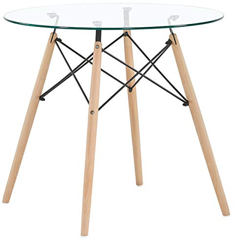 DORAFAIR Table de Salle à Manger en Verre trempé, Table Ronde de Cuisine ou café Moderne Nordique Pieds en Bois