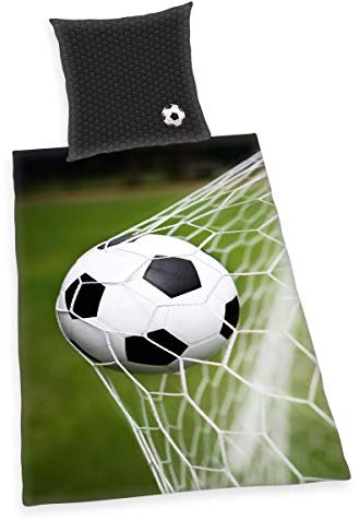 Herding Fußball Bettwäsche-Set, Kopfkissenbezug 80 x 80 cm, Bettbezug 135 x 200 cm, Microfaser, Schwarz/ grau