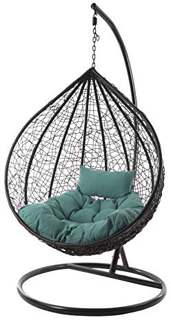 Kideo® Komplettset: XXL Hängesessel mit Gestell & Kissen, Lounge Möbel, Poly-Rattan, schwarz, edel, groß (Kissen: Chesterstepp türkis (5060 Ocean))