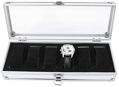 Uhrenbox für 6 Uhren, Uhrenaufbewahrung mit Schloss, Watch Box Uhrenkasten mit Glasdeckel, Uhrenkoffer aus Aluminium und Samt Innenfutter, Uhrenbox Herren für Ehemann Boyfriend, 26 x 21 x 6 cm