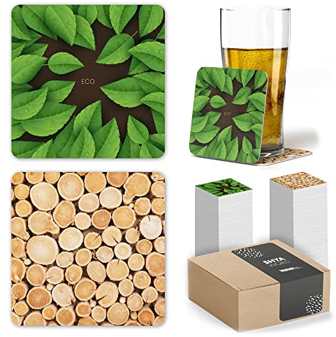 100 Posavasos de Cartón Originales, Decorativos y Absorbentes para Bebidas y Líquidos. Portavasos para Mesa con Efectos de Acabado 10 x 10 cm y 1,4 mm Espesor. (Efecto Eco & Wood Cuadrado, 100)