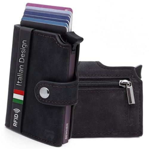 BEWMER v2 Kartenetui mit RFID-Schutz & Anti-Cloning - Damen & Herren Geldbörse mit Münzfach & Platz für 9 Kreditkarten | Kunstleder Portemonnaie Herren & Damen mit Clipverschluss | Schwarz-Lila