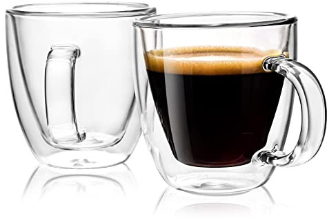 Stylusella Juego de 2 tazas de café de vidrio de doble pared de 150 ml, con asas, elegantes tazas de café con estilo, tazas de café con estilo, tazas de café aisladas hechas de vidrio de borosilicato