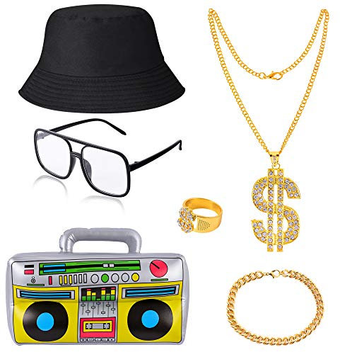 Peirich 80er 90er Jahre Hip Hop Kostüm Kit, Rapper Zubehör für Männer Frauen Erwachsene Jahre Party Thema Dekor beinhaltet Eimer Hut, Halskette, aufblasbare Boom Box