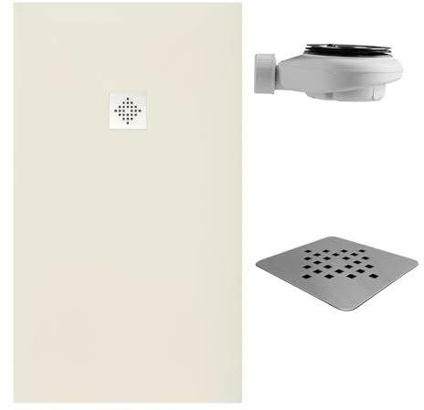 SoulHome Receveur de douche Résine 170x90 Crème Clair Grille Standard | Antidérapant C3, extra-plat, résine et charge minérale, texture pierre lisse, antibactérien, gel-coat, + bonde d'évacuation