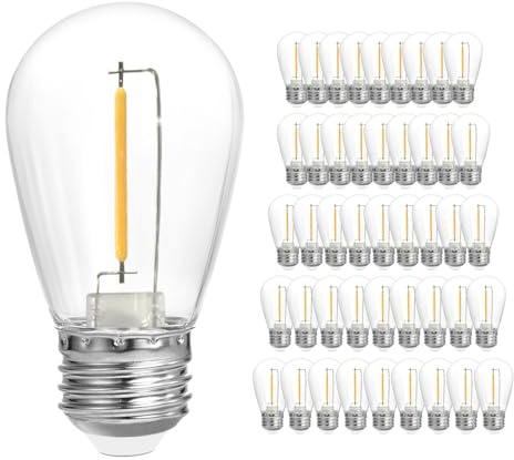 SUNTHIN 50 Pack Dimmable 1W S14 Replacement LED Bulbs, 2700K Warm White Waterproof Outdoor String Lights Vintage LED Filament Bulb, Shatterproof E26 Screw Base Edison Light Bulbs