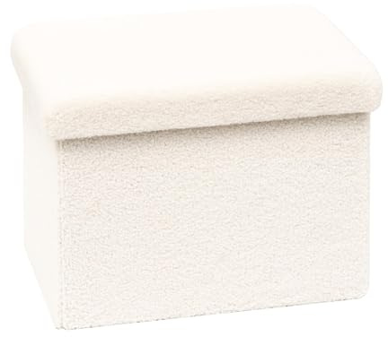 Bonlife Boucle Ottoman Seat with Storage,Folding Small Footstool for Living Room,Cube Toy Chest Box,Foot Rest,Cream,42x32x32cm