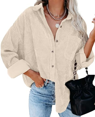 QIXING Womens Corduroy Oversized Shacket Button Down Boyfriend Shirts V Neck Cotton Long Sleeve Blouses with Pocket Casual Work Jacket for Women UK Ladies Tops Autumn Winter (Beige, XL)