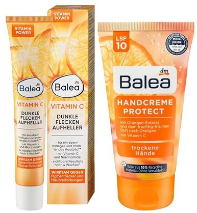 Balea 2er-Set Hautpflege: Vitamin C Dunkle Flecken Aufheller für ebenmäßigeres Hautbild, Niacinamide reduzieren Pigmentierung, 50 ml + Handcreme Protect für trockene Hände mit LSF 10, 75 ml, (125 ml)