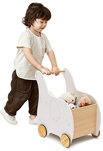 GOPLUS Andador de Bebé con Caja de Juguetes, Carrito de Empuje Infantil 2 en 1 con Rueda, Andador de Aprendizaje de Madera en Forma de Elefante, Gran Capacidad de Almacenamiento, para Niños de 1+ Años