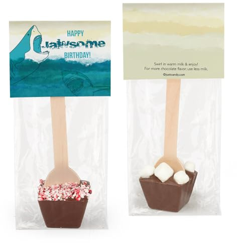 12 Pcs Birthday Hot Chocolate Spoons Gourmet Dark Chocolate Favors with Crushed Peppermint (12Pack) Shark Party Favors & Gifts