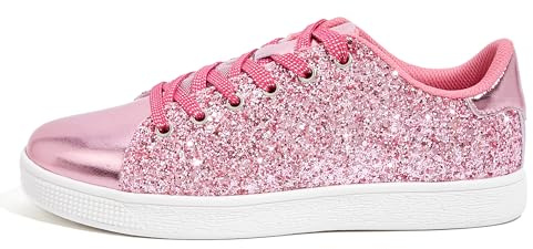 LUCKY STEP Womens Glitter Sneakers Lace up Fashion Sneakers Sparkly Casual Shoes for Women (Hot Pink, 8.5US-39EU-6UK)
