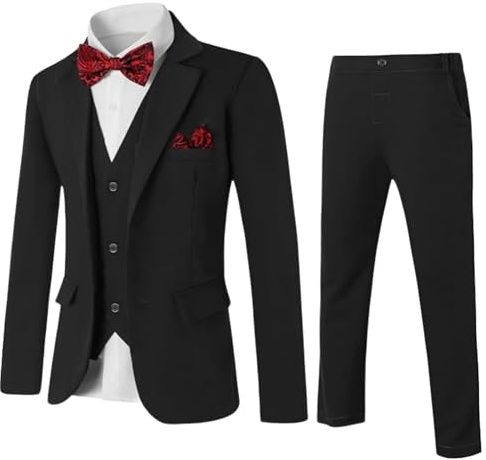 Amissz Bambini Ragazzi 5 Pezzi Abbigliamento Set Slim Fit Smoking Blazer + Gilet + Camicia + Papillon + Pantaloni Set Completi Ragazzo per Matrimonio 9-10 Anni, Nero