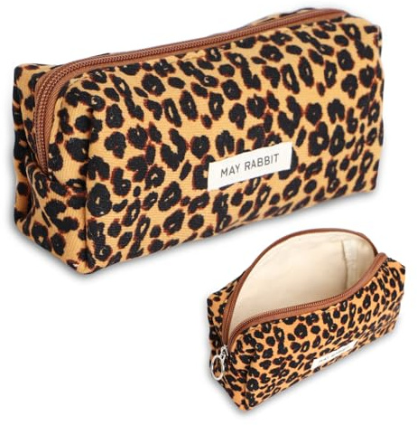 ICKEYOU Trousse en Velours Côtelé pour Filles et Adolescentes - Grande Capacité de Rangement pour l'École et le Bureau - Marron Motif Léopard