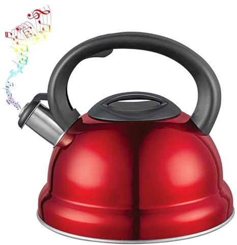 ASumPio Bouilloires À Thé, Bouilloire Sifflante Rouge pour Cuisinière, Bouilloire À Sifflet Puissant en Acier Inoxydable, Théière À Eau Chaude pour Cuisines Familiales Et Restaur,Red-3L
