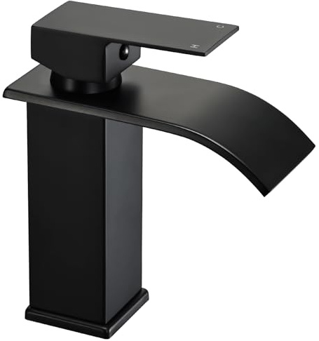 Schwarzer Wasserfall Wasserhahn, Matt Schwarz Waschtischarmatur für Badezimmer, Einhebelmischer Warm- und Kaltwasserhahn, Hochdruck Mischbatterie Waschbecken Armatur, Rostfrei, Modernes Design