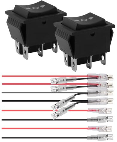 2 Stück Momentanen Kippschalter 12V 16A 6-polig, DPDT Polaritätsumkehrschalter (EIN)-AUS-(EIN), 3 Position Wippschalter mit Kabel, Wechselschalter für DC Motorsteuerung Auto Boot